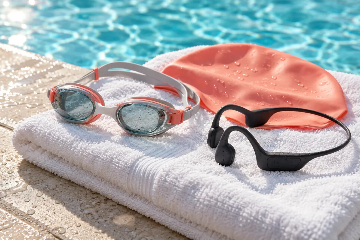 Lunettes de natation, bonnet corail et casque à conduction osseuse posés sur une serviette blanche au bord de la piscine